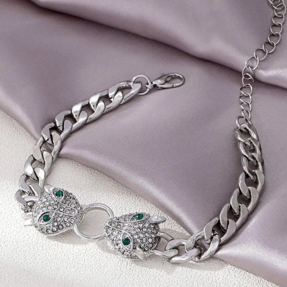 Silver Crystal Panther Head Chain Bracelet with Green Eyes - Picture 3 of 5